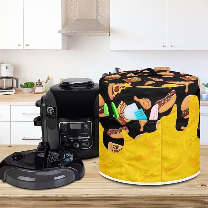 8 Quart Pressure Cooker Small Appliance Covers, Washable Dust Cover for Air Fryer Rice Cooker Kitchen Appliance Accessories with Storage Pockets, Pizza and Burger Print