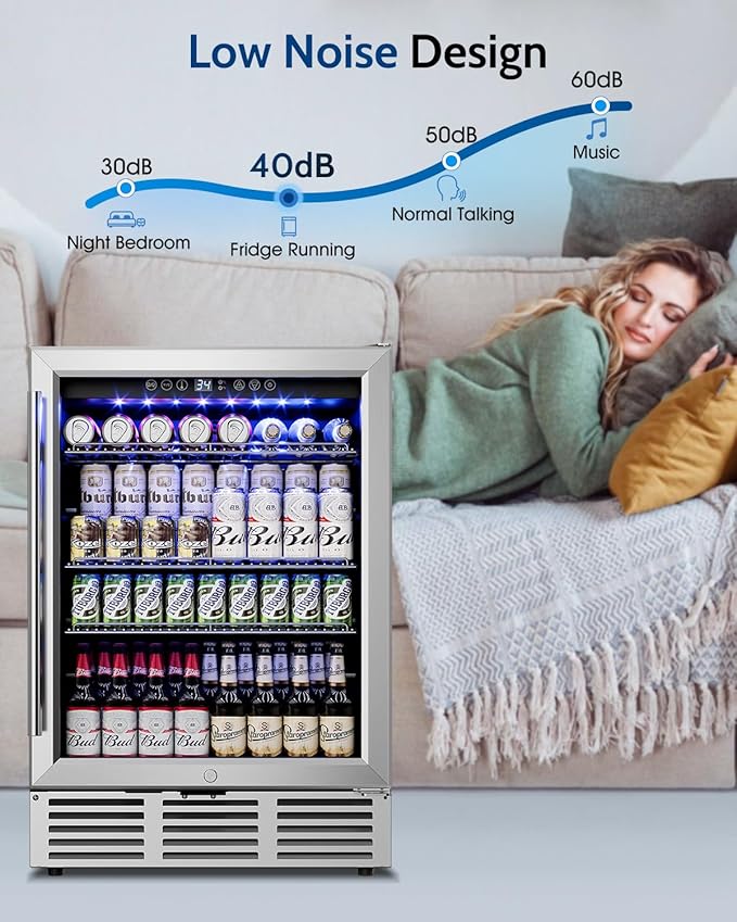 24 inch Beverage Refrigerator - 180 Cans Under Counter Beverage Fridge with Glass Door & Safety Lock for Beer Wine Soda, Built-in or Freestanding Drink Fridge for Home Office Kitchen or Bar