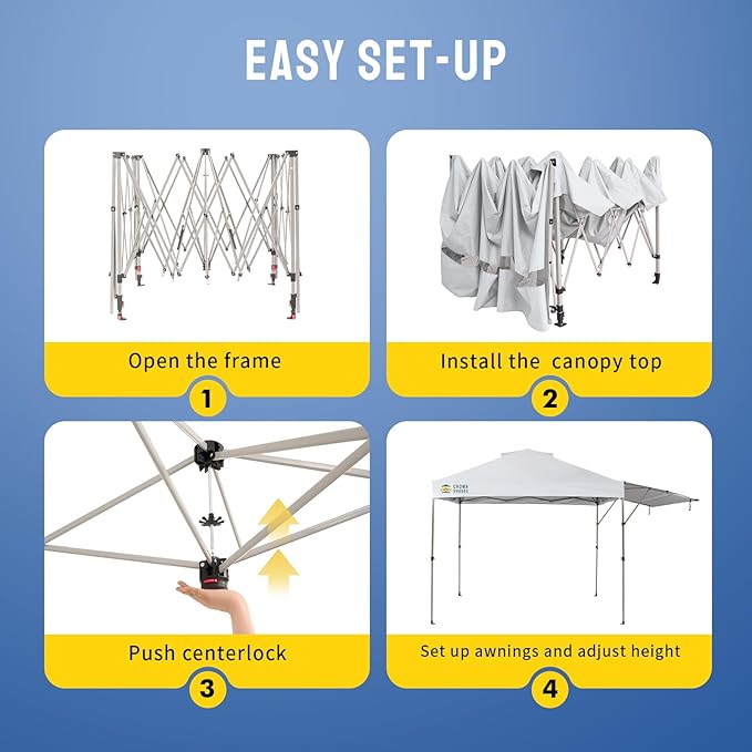 CROWN SHADES 10x10 Pop up Canopy Tent Patended Centerlock Instant Commercial Canopy with 150D Silver Coated Fabric Including 2 Extend Awnings, 4 Ropes, 8 Stakes, 4 Weight Bags (White, 10x14)