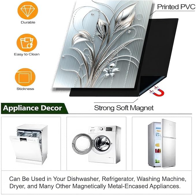 Grey Metal Silver Flower Leaf Pattern Magnetic Dishwasher Cover Sheet Polishing Dishwasher Skin Decor Anti-Scratch Kitchen Decorative Magnetic Stickers Fridge Refrigerator Panel 23x26 Inch