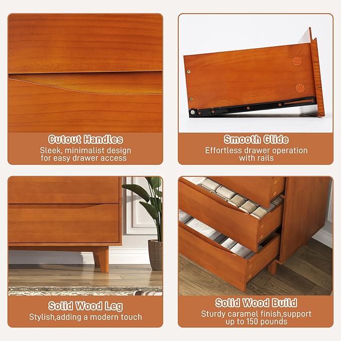 55”Solid Wood Drawers Dresser with Power Outlets, 7 Drawer Dresser for Bedroom, Mid Century Modern Vintage Large Chest of Dresser for Hallway, Entryway,Cutout Handle, Storage Essentials, Caramel