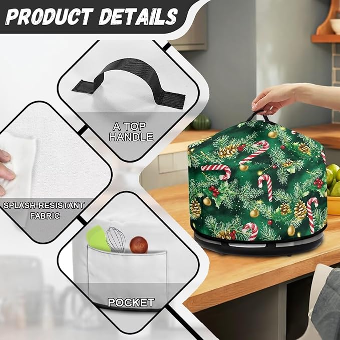 Holly Candy Cane Pinecone Print Slow Cooker Cover with Storage Pocket Stain Resistant Slow Cooker Cover for Kitchen Christmas Decor Extra Accessories Fit 6/7/8 Quart Electric Oval Crock Pot