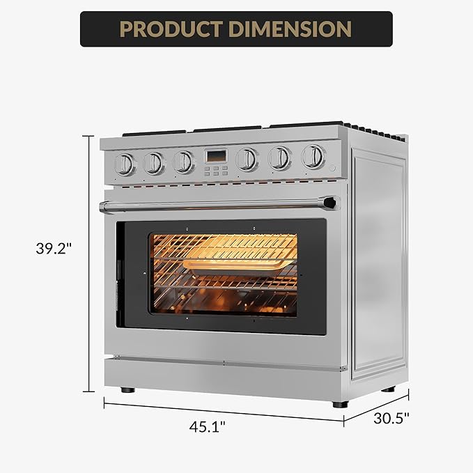 36" Freestanding Dual Fuel Range Oven Stove, Stainless Steel Gas Stove with 6 Sealed Burners and 6.0 Cu.Ft Electric Convection Oven, True Convection and Self-Cleaning, Perfect for Home or Commercial