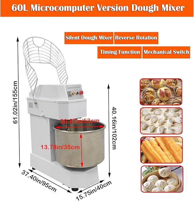 60L Commercial Dough Mixer 220V 3KW Dual Rotating Dough Kneading Machine with Stainless Steel Barrel/Security Cover/Timer Function Electric Stand Spiral Mixer for Restaurant Bakery Pizzeria