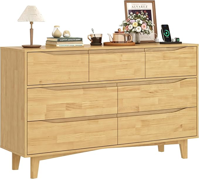 55”Solid Wood Drawers Dresser with Power Outlets, 7 Drawer Dresser for Bedroom, Mid Century Modern Vintage Large Chest of Dresser for Hallway, Entryway,Cutout Handle, Storage Essentials, Natural