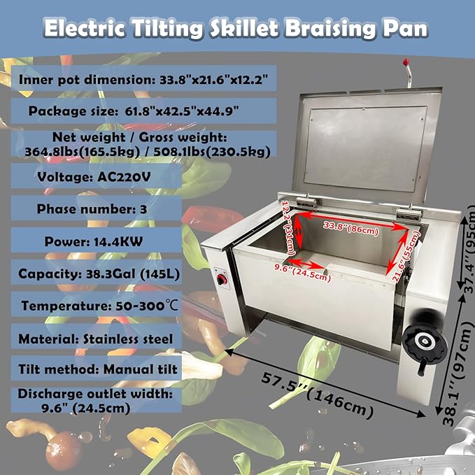 Electric Tilting Skillet Braising Pan Commercial Tilting 38.3Gal (145L) 0-90° Stainless Steel Tilt Skillet for Restaurants, Hotels 220V 3PH