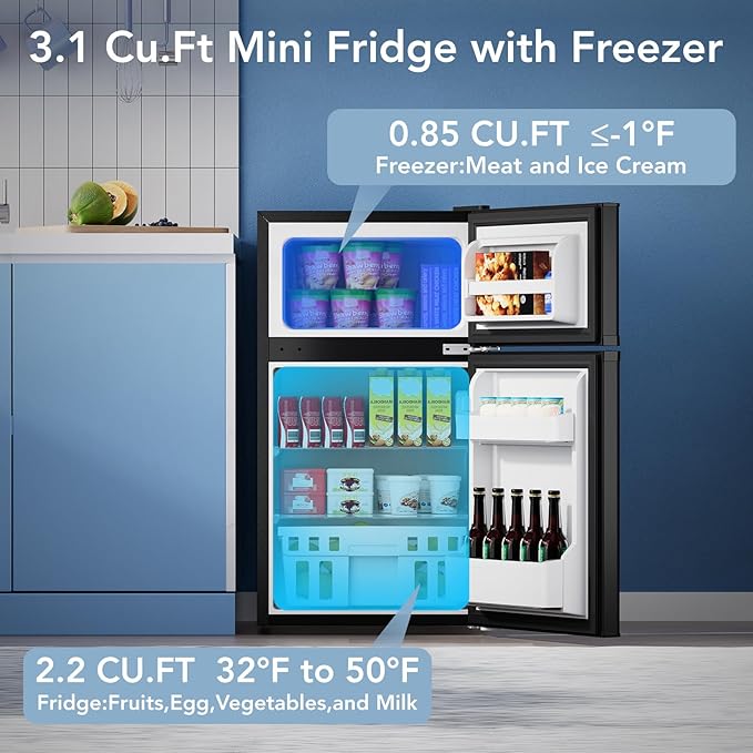 Mini Fridge with Freezer, 3.2 Cu.Ft Compact Refrigerator with 2 Doors, Small Fridge with Adjustable Thermostat & Removable Glass Shelves for Bedroom, Office, Dorm, or Apartment, Black