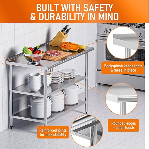 HOCCOT Stainless Steel Table 24" x 48" with 2 Adjustable Undershelves and Backsplash, Commercial Metal Workstations for Kitchen, Garage, Outdoor BBQ
