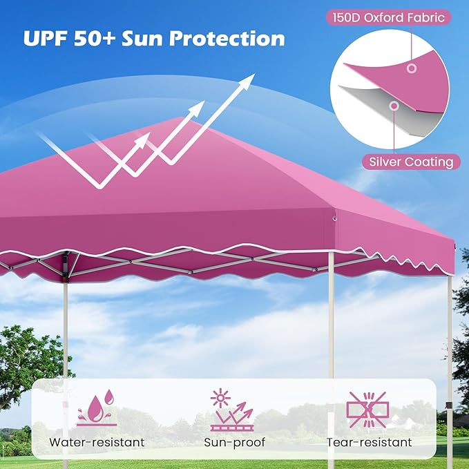 Tangkula 10x10 FT Pop Up Canopy, UPF50+ Easy Set up Instant Tent with Wheeled Bag, 8 Stakes, 4 Anchors, 4 Wind Ropes, 4 Sandbags, Heavy Duty Outdoor Canopy Tent 10x10 for Patio Party Backyard (Pink)