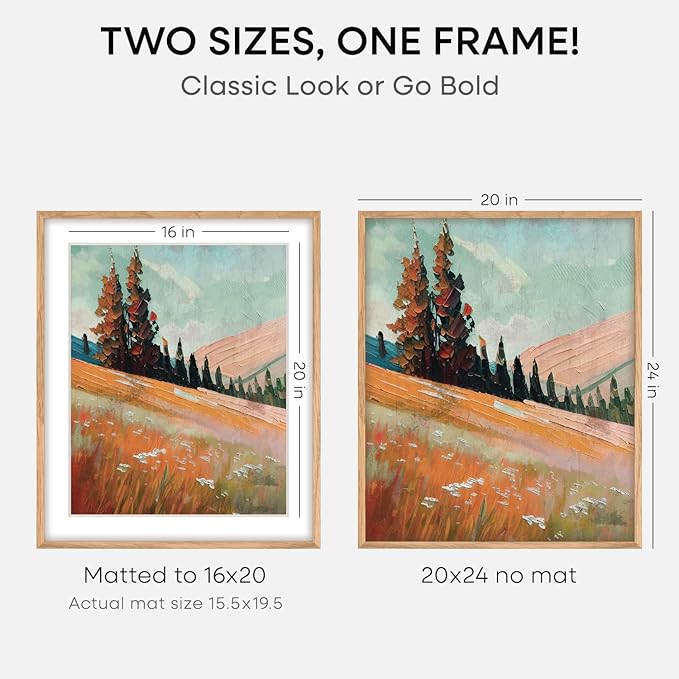 Homeforia 20x24 Picture Frame Wood, High End Natural Oak 20x24 Frame Matted to 16x20 Photo, 20 x 24 Light Wooden Poster Frames with Mat 16 by 20, 24by20 Thin Frames, Tempered Glass, Wall Kit, Set of 4