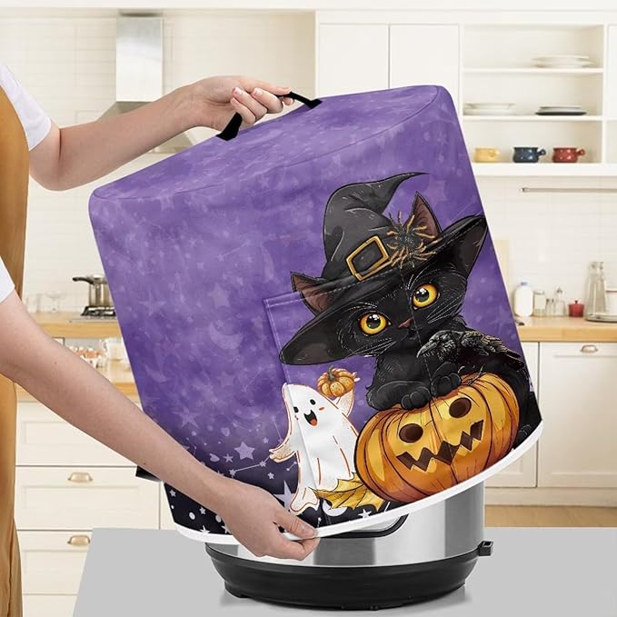 Halloween Cute Black Cat Pressure Cooker Dust Cover with Top Handle and Storage Pocket 3 Quart Air Fryer Rice Cooker Protector Covers Kitchen Appliance Decoration