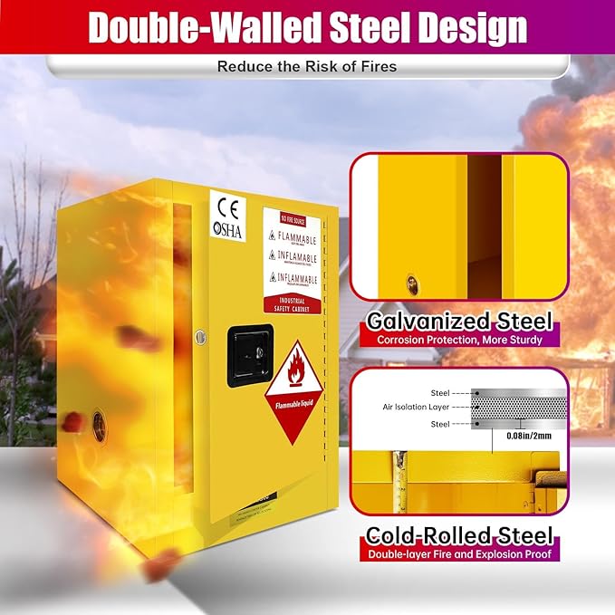 Flammable Storage Cabinet 16 Gallon, Explosion Proof Yellow All-Welded Steel Body Chemical Safety Cabinet, 3-Point Locking System Adjustable Shelf for Warehouses, Industrial Use, Home & Commercial
