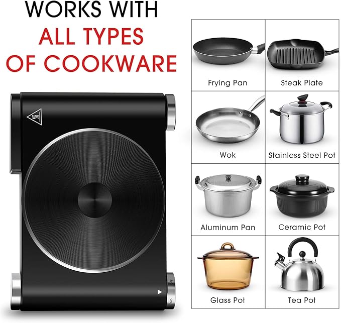 CUSIMAX Electric Burner Hot Plate for Cooking Cast Iron hot plates, Adjustable Temperature Control, Non-Slip Rubber Feet Stainless Steel Easy to Clean, Your Kitchen Assistant