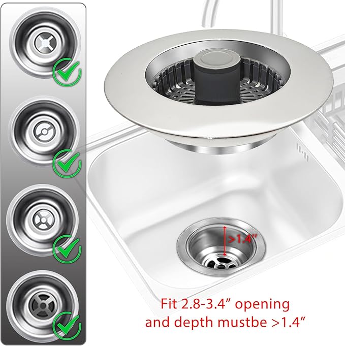 3 in 1 Kitchen Sink Stopper, Pop Up Kitchen Sink Drain Strainer, with an Extra Basket Strainer, Kitchen Sink Drain Stopper for US Standard 3-1/2 Inch, Brass Material Electroplate Silver