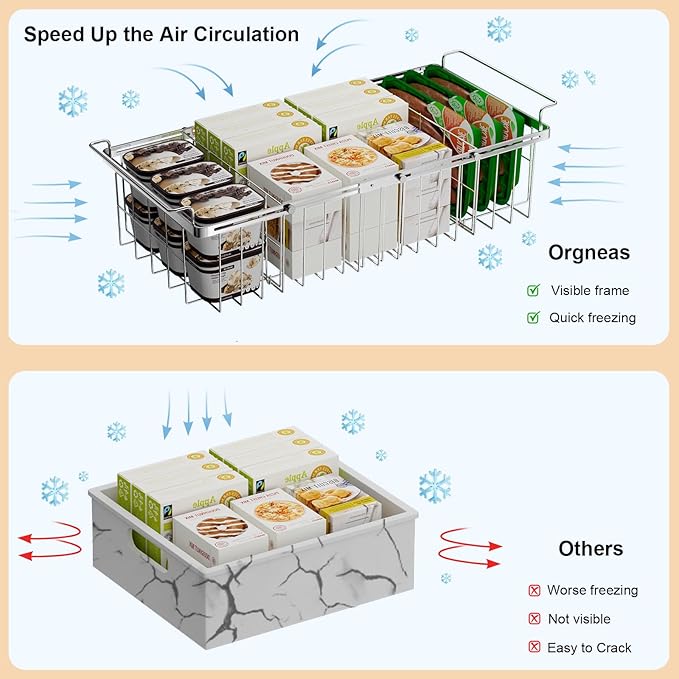 Orgneas Chest Freezer Organizer Bins with Dividers, Large Capacity Deep Freezer Baskets Expandable From 15.5" to 24.5" with Removable Divider Sheets for Easy Sort and Organize Frozen Food, 2Pcs