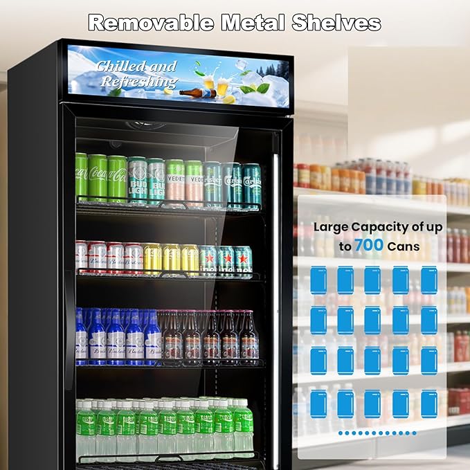Tylza Commercial Refrigerator with Glass Door Display Beverage Fridge, 21.2 Cu Ft Upright Beverage Cooler Merchandiser with Rebound Door, Fast Cooling, Low Noise, Black