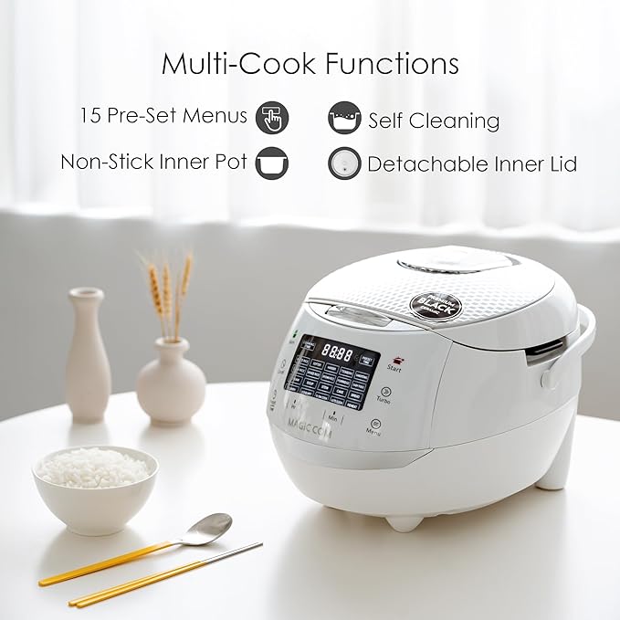 MAGiC COM multi-Functional Digital Rice Cooker 10 Cup Uncooked (20 Cup Cooked), 15-in-1 Programmable Electric Rice & Grain Cooker with Auto Clean, Non-Stick Pot, Steamer Basket, 24H Delay Timer, and Auto Keep Warm(White)