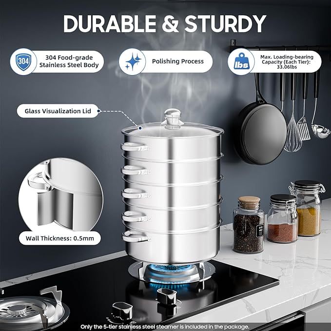 5 Tier Stainless Steel Steamer Pots Stackable Pan Steamer Cooking Pots Steam Canner with Lid Cookware Steaming Pots for Kitcken (28CM)