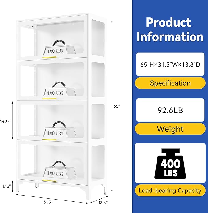 65" Tall Display Cabinet with Glass Doors,Metel Curio Cabinet with RGB LED Lights,4 Tier Glass Display Case for Scale Figures, Collectibles,Books(White)