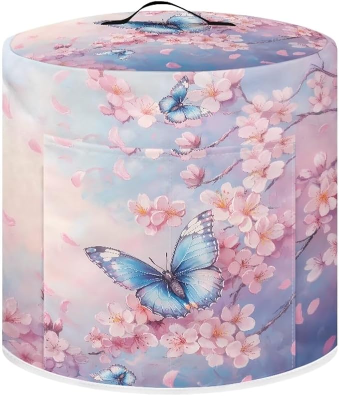 Xoenoiee Butterfly Pink Cherry Blossom Print Pressure Cooker Cover for Kitchen Appliance Dust Cover with Pockets for Rice Cooker Air Fryer Slow Cooker, for 6 Qt Pot