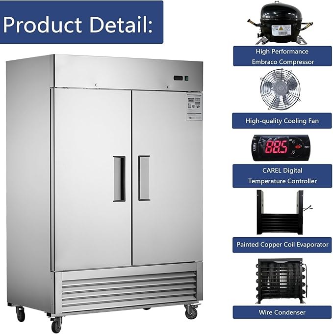 54" W Commercial Refrigerator 2 Section, 2 Solid Door Stainless Steel Reach-in Refrigerator 42.2 Cu.ft, Upright Fan Cooling for Restaurant, Bar, Shop, Home, Business, Kitchen, ETL & DOE