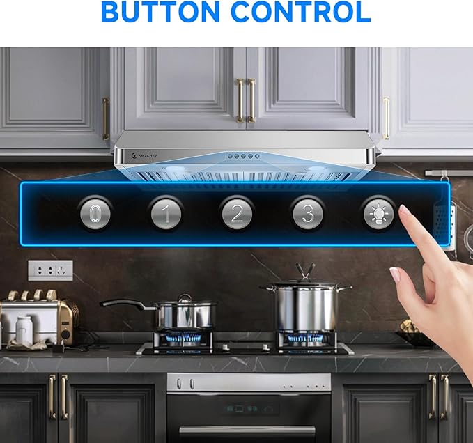 AMZCHEF Under Cabinet Range Hood 30 Inch, 750CFM Stainless Steel Kitchen Stove Vent Hood 3 Speed Exhaust Fan Button Control LED lights Dishwasher-Safe Baffle Filters Three Outlet Design