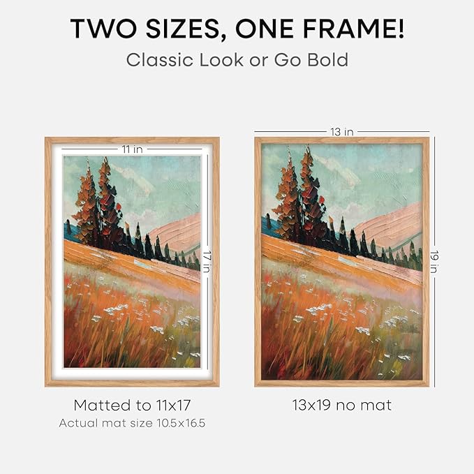 Homeforia 13x19 Picture Frame Wood, High End Natural Oak 13x19 Light Wooden Poster Frame with Mat 11x17, 13 x 19 Frames Matted to 11 x 17 Photo, 19x13 Hanging Frame, Tempered Glass, Wall Kit, Set of 2