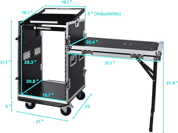 PRORECK 16U Rack/Road Case with Slant Mixer Top, One Side Table and Casters, 20'' Rackable Depth, Plywood, 16U Installation Size, Pro Stage Performance