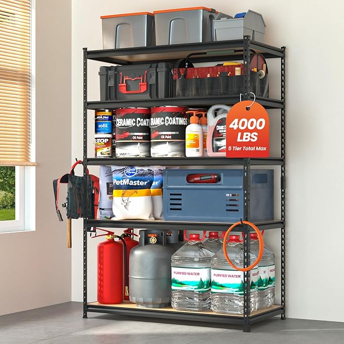DYNALOAD 4000 Lbs Heavy Duty Garage Shelving, 5-Tier Adjustable Metal Storage Shelves, Boltless Steel Utility Rack for Garage Basement Warehouse, 48" W x 24" D x 72" H