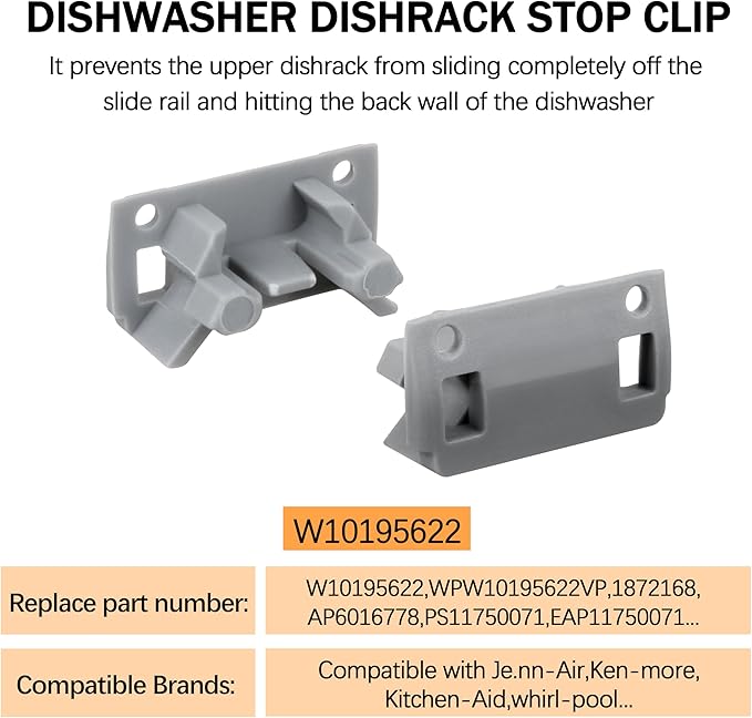 W10195622 Dishwasher Rack Stop Clip 4 Pack Dishrack Slide Rail Clips Fits for Whirl-pool Ken-more Replaces AP4566222 PS11750071