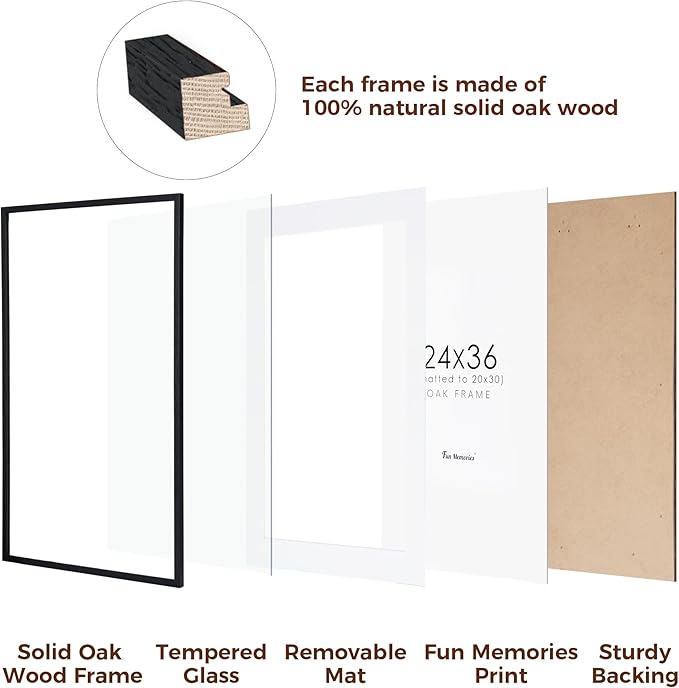 24x36 Black Picture Frame, Black Poster Frames 24 x 36, Solid Oak Wood Frames 24 x 36 Frame, 24"x36" Picture Frame with Tempered Glass, 24x36 Frames Matted to 20x30, 24 by 36 Art Frame for Home Decor