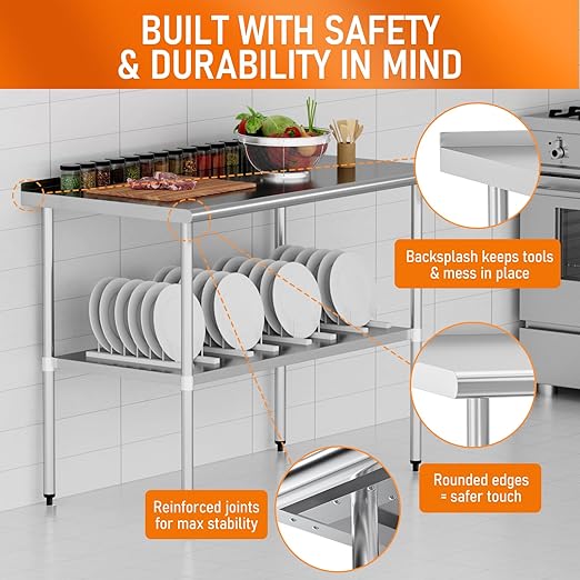 HOCCOT Stainless Steel Table 30" x 48" with Adjustable Undershelf and Backsplash, Commercial Metal Workstations for Kitchen, Garage, Outdoor BBQ