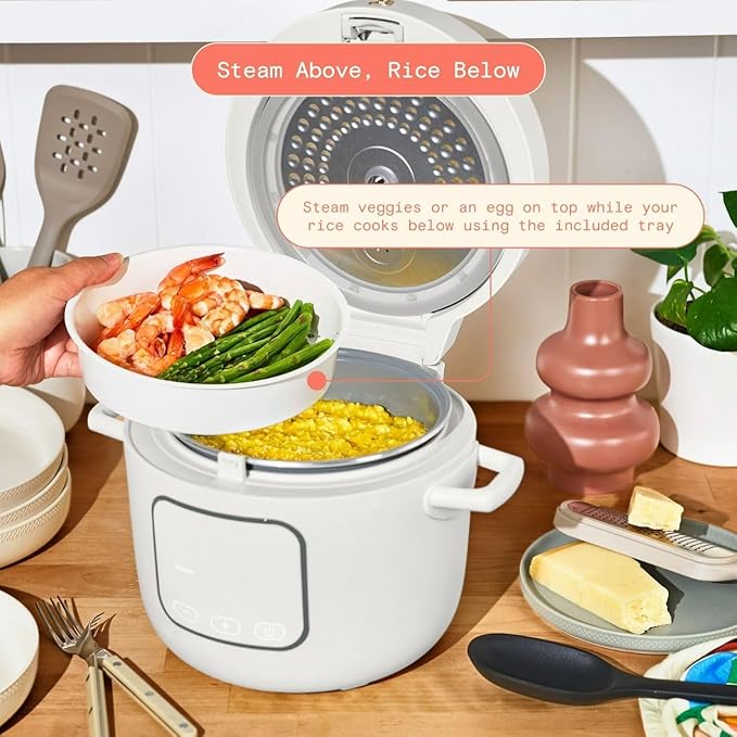 Beautiful 14-Cup Electric Rice & Grain Cooker, Ceramic Nonstick, 8 Presets, Slow Cook, Steamer Tray (White Icing)