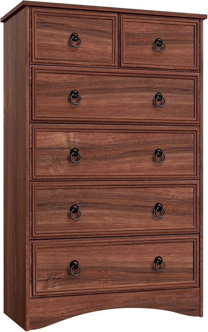 Dresser for Bedroom Tall, Mid Century Modern 6 Drawer Dresser, Cherry Wood Chest od Drawer with Large Storage for Clothes, Vintage, for Living Room, Bedroom, Hallway