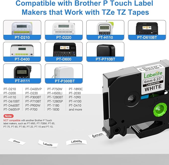 Labelife Replacement for Brother TZe-211 TZe211 P Touch Label Tape 6mm Label Maker Tape TZe TZ Tape 6mm 0.23 Laminated White for Brother PT-D220 PT-D210 PT-H110 PT-D400 PT-D600, 0.23 Inch, 4-Pack