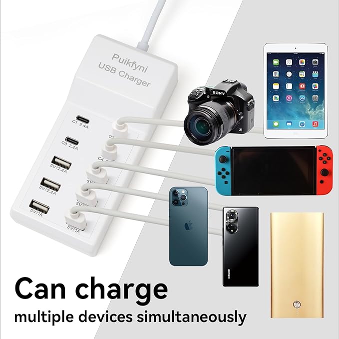 Portable USB C Charging Station,4 -C- Ports, USB Charging hub 10-Ports/USB c Charger Block for Multiple Devices Phones Tablet Smartwatch Headphones Speakers (USB-4C+6A)