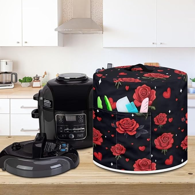 Pressure Cooker Cover for Women,Insulated Rice Cooker Cover with Easy to Clean Red Rose Waterproof Dust Cover with Pockets for Instant Pot 6 Quart Appliance Cover
