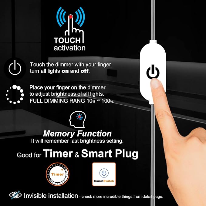 LED Under Cabinet Lighting Touch Under Cabinet Lights Built-in Adjustable Cable & External Cable 3 Panel Under Counter Lights for Kitchen 12W 1350Lm 3000K Warm White Closet Light for Timer