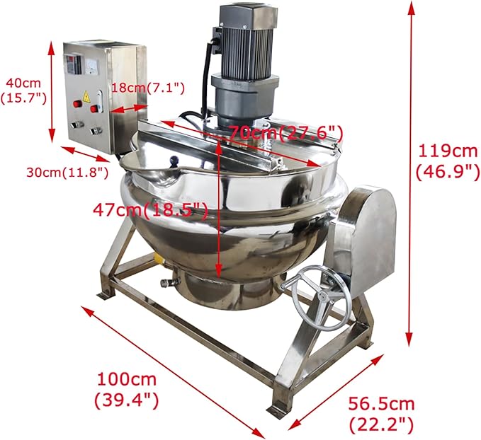 Jacketed Kettle 26.5Gallon Jacketed Kettle Large Electronic Tilting Sugar Jam Gas Boiling Machine Commercial Electric Jacketed Pot with Stirring and Edge Scraping 220V 60HZ Three-phase 1100W
