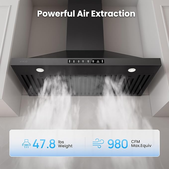 Black 36 inch Pro Wall Mount Range Hood 980CFM, Direct 3 Speed Panel with Gesture & Touch Control, Ducted/Ductless Stainless Steel Kitchen Vent Hood, Delay Shut-Off, Includes Duct & Filter