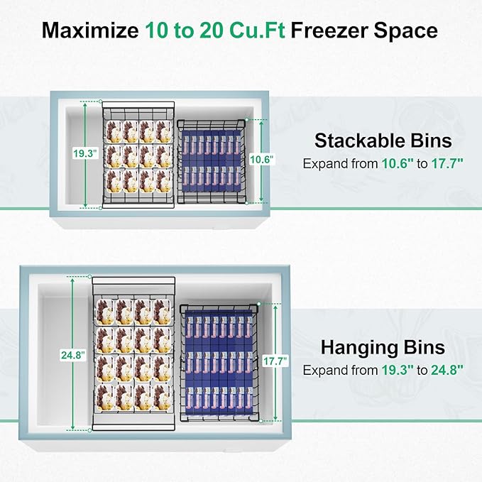 iSPECLE Deep Freezer Organizer Bins for 10 to 20 Cu.Ft, 3 Pack Stackable & Hanging Baskets, Expandable Metal Wire Storage System, Fits 17.5"-22.6" Width, Chest Freezer Only, Black