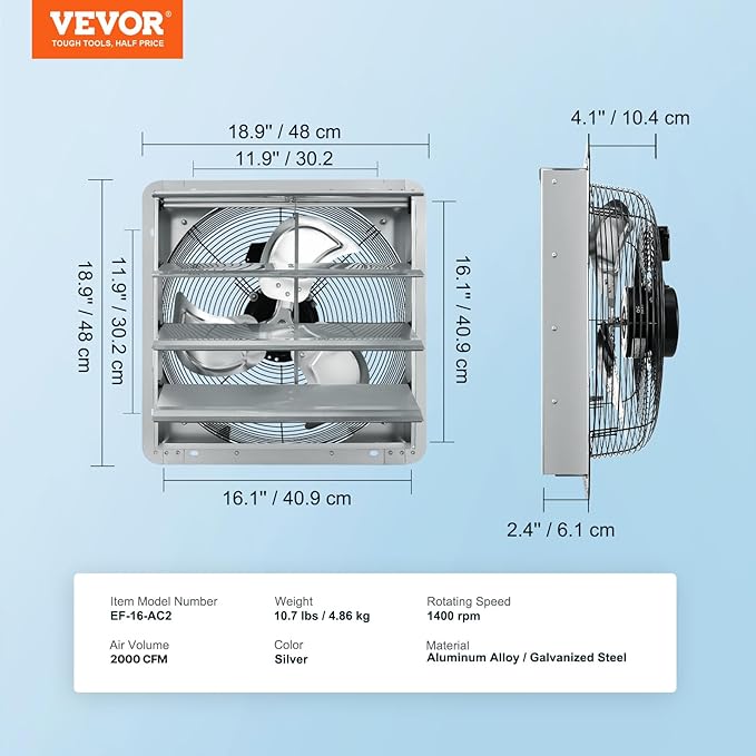 VEVOR Shutter Exhaust Fan, 16'' with Various Speeds, AC-motor, 2000 CFM, Wall Mount Attic Fan, Ventilation and Cooling for Greenhouses, Garages, Sheds, FCC