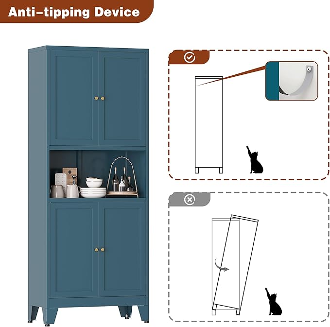 Metal Pantry Cabinet, Tall Kitchen Cabinet with 4 Doors & Adjustable Shelves,69" Blue Freestanding Storage Cabinets with Microwave Stand Cupboard for Living Room,Dining Room,Home