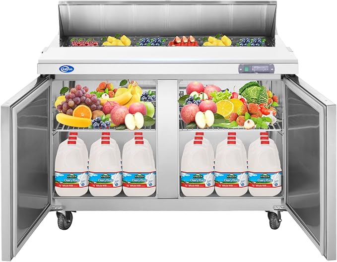 48" W 2 Door Refrigerator Sandwich Salad Prep Table Commercial Stainless Steel Fan Cooling Refrigerator with Cutting Board, 2 Shelves & 12 Pans for Restaurant, Bar, Shop-12.9 Cu.ft