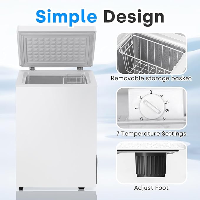 3.5 Cu.Ft Chest Freezer, Compact Chest Freezer with 7 Thermostat, Mini Deep Freezer with Removable Basket, Low Noise, Top Door Free-Standing Freezer for Garage/Dorm/Office/Apartment, White