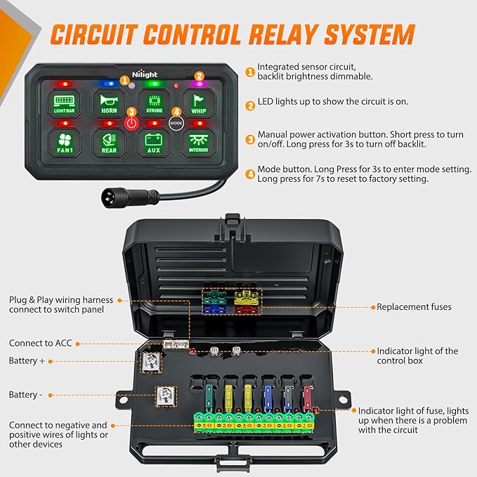 Nilight 8 Gang Switch Panel Green Circuit Control Relay System with Fuse Wiring Harness Toggle Momentary Strobe Flash Modes Automatic Dimmable ON Off Pod 12V 24V for Car Truck Camper SUV