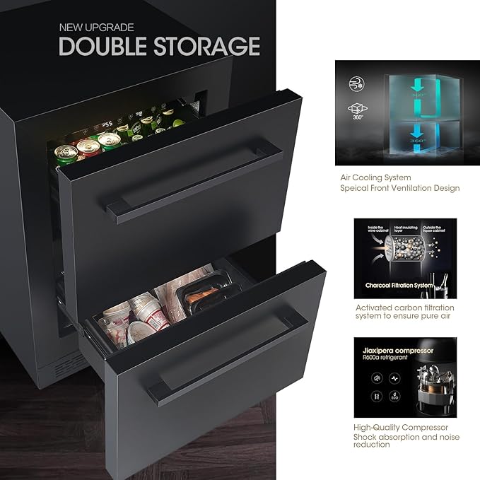 24' mini fridge Under Counter Double Drawer Beverage Refrigerator, Indoor & Outdoor Fridge for Patio, Kitchen & Bar, Weatherproof, Black