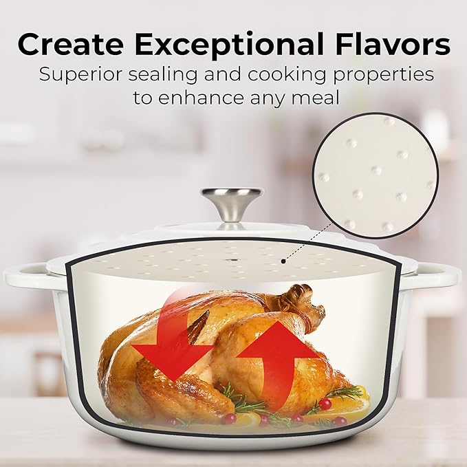 Zulay Kitchen 6 Quart Enameled Cast Iron Dutch Oven Pot with Lid – Premium Durability & Oven Safe up to 500°F – Heavy Duty Cookware Perfect for Bread Baking, Stews, Braising & Roasting – White
