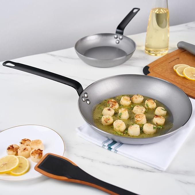 Restaurantware Fry Pan 6 Pack of 11 Inches Carbon Steel Non-Stick Searing Pan With Ergonomic Handle Silver For Sauteing and Omelets