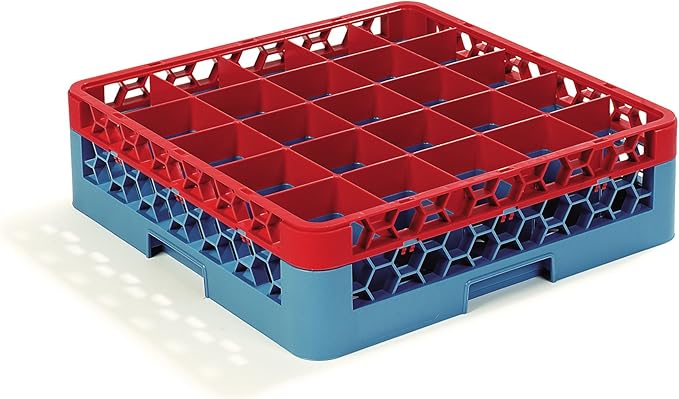 CFS OptiClean 25-Compartment Glass Rack with 1 Extender Red